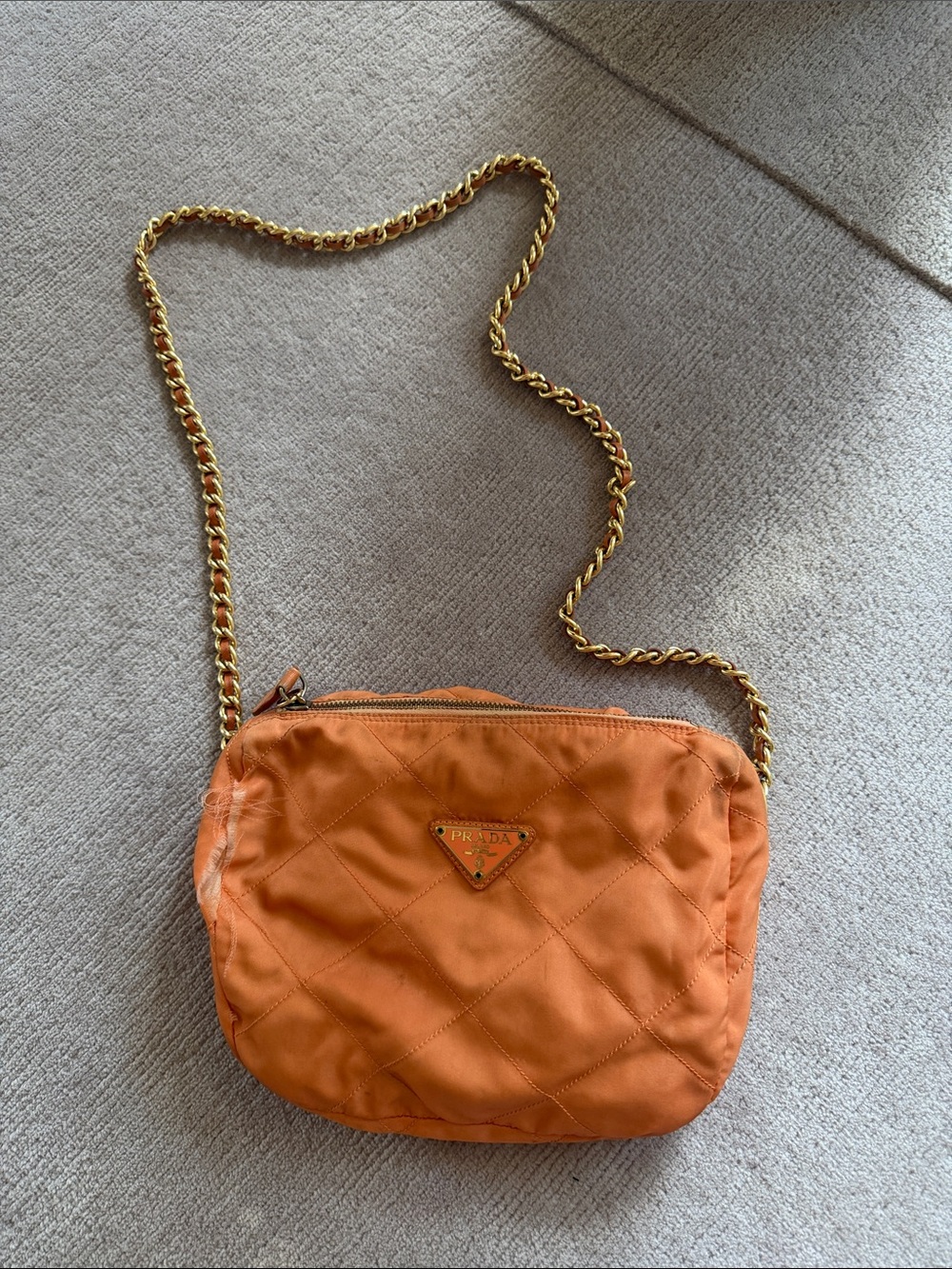 Prada Peach Quilted Nylon Crossbody with Gold Chain Strap
